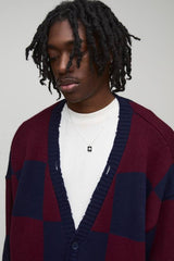 Oversized Boxy Checker Board Distressed Knitted Cardigan