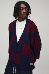 Oversized Boxy Checker Board Distressed Knitted Cardigan