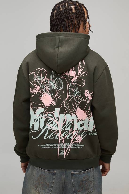 Oversized Floral Graphic Puff Print Zip Through Hoodie