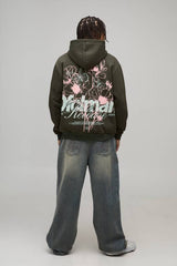 Oversized Floral Graphic Puff Print Zip Through Hoodie