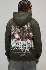 Oversized Floral Graphic Puff Print Zip Through Hoodie