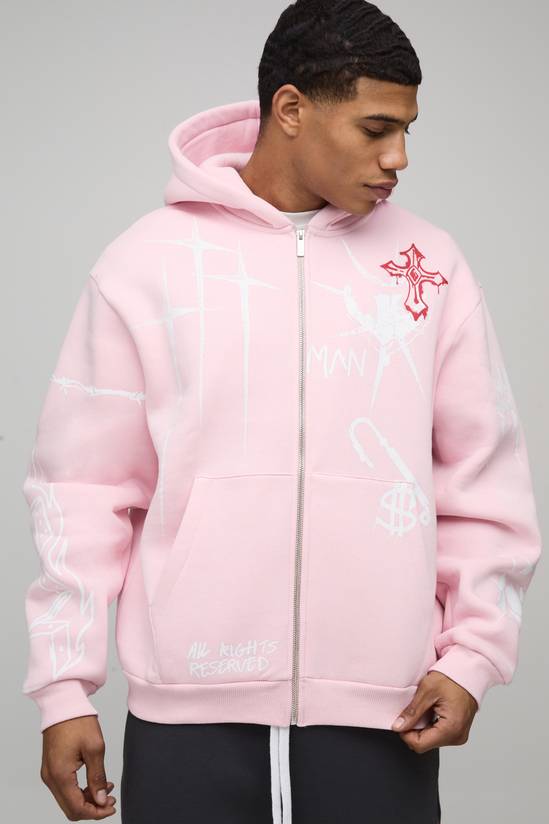 Oversized Zip Through Graffiti Tattoo Printed Hoodie