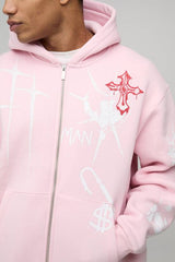 Oversized Zip Through Graffiti Tattoo Printed Hoodie