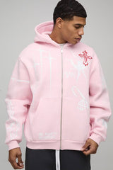 Oversized Zip Through Graffiti Tattoo Printed Hoodie