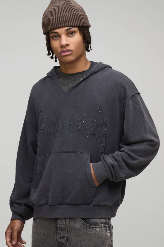 Oversized Boxy Exclusive Slogan Gothic V Neck Raw Hem Printed Washed Hoodie
