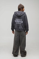Oversized Boxy Exclusive Slogan Gothic V Neck Raw Hem Printed Washed Hoodie
