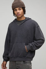 Oversized Boxy Exclusive Slogan Gothic V Neck Raw Hem Printed Washed Hoodie