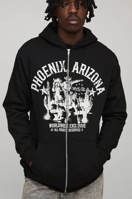 Tall Regular Fit Western Print Zip Through Hoodie