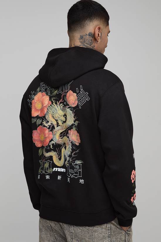 Tall Regular Fit Man Script Dragon Blossom Print Hoodie