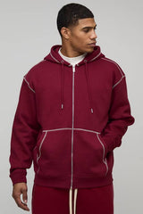 Oversized Contrast Stitch Zip Through Hoodie