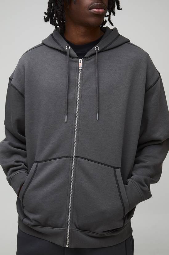 Oversized Contrast Stitch Zip Through Hoodie
