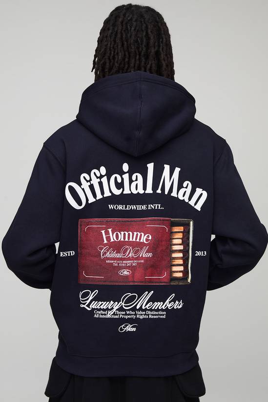 Navy Relaxed Fit Match Box Graphic Printed Hoodie