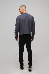 Oversized Shrunken Bird Graffiti Graphic Long Sleeve Raw Hem T-Shirt