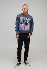 Oversized Shrunken Bird Graffiti Graphic Long Sleeve Raw Hem T-Shirt