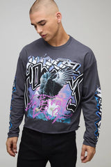 Oversized Shrunken Bird Graffiti Graphic Long Sleeve Raw Hem T-Shirt