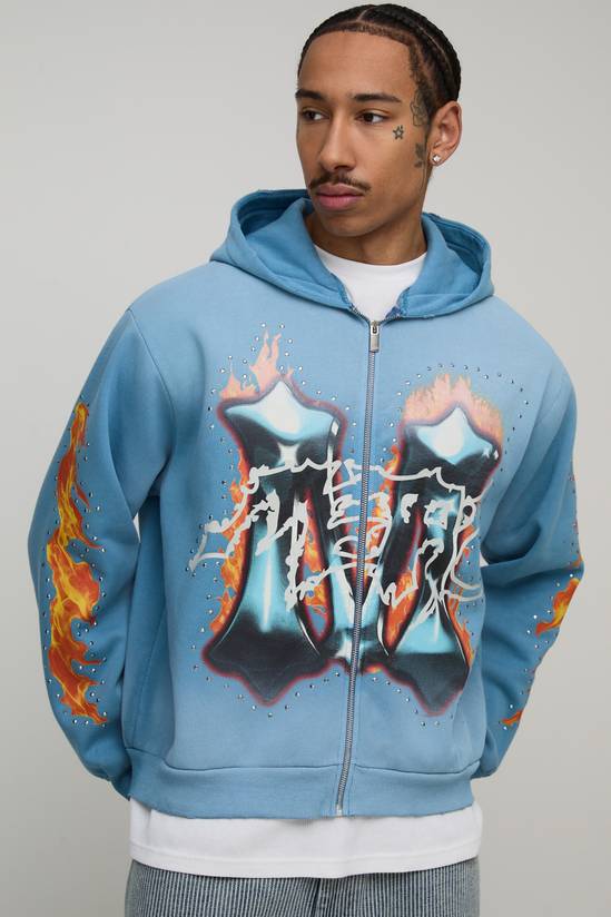 Oversized Boxy Washed Embellished M Graphic Distressed Zip Through Hoodie
