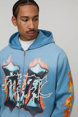Oversized Boxy Washed Embellished M Graphic Distressed Zip Through Hoodie