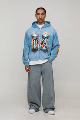 Oversized Boxy Washed Embellished M Graphic Distressed Zip Through Hoodie