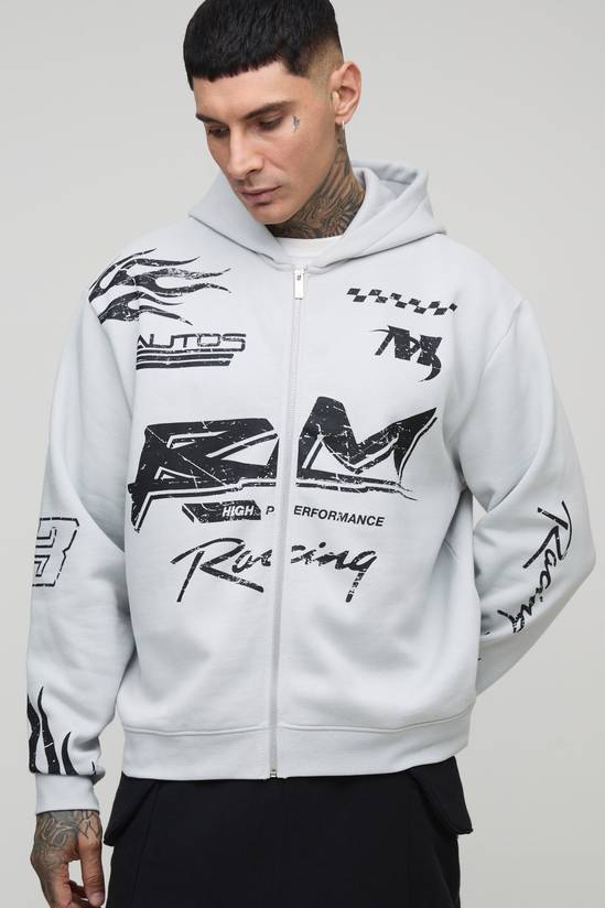 Tall Oversized Boxy Moto Racing Flame Zip Through Hoodie