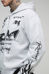Tall Oversized Boxy Moto Racing Flame Zip Through Hoodie