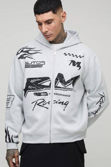 Tall Oversized Boxy Moto Racing Flame Zip Through Hoodie