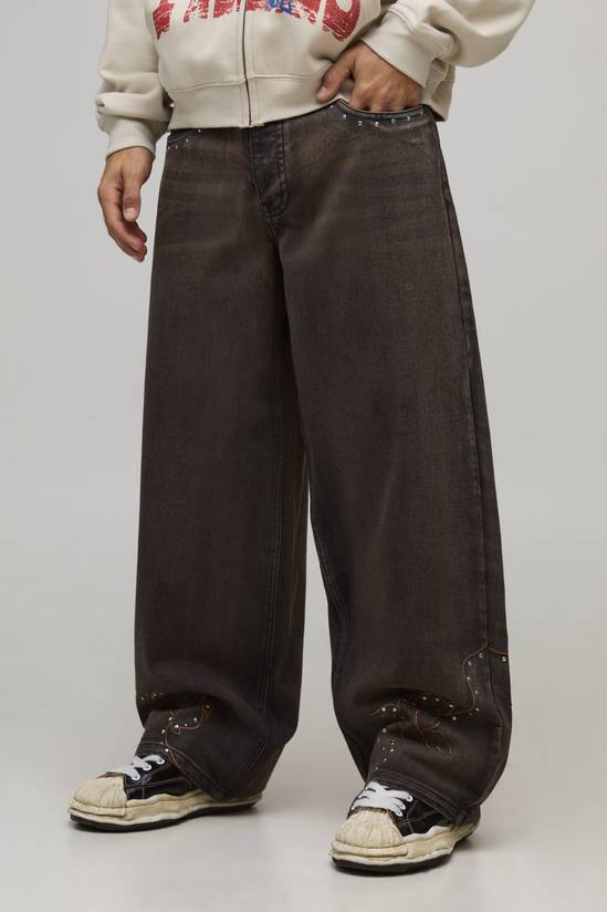 Baggy Fit Studded Western Embroidered Hem Jeans