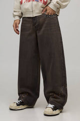 Baggy Fit Studded Western Embroidered Hem Jeans
