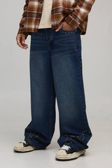 Baggy Fit Studded Western Embroidered Hem Jeans