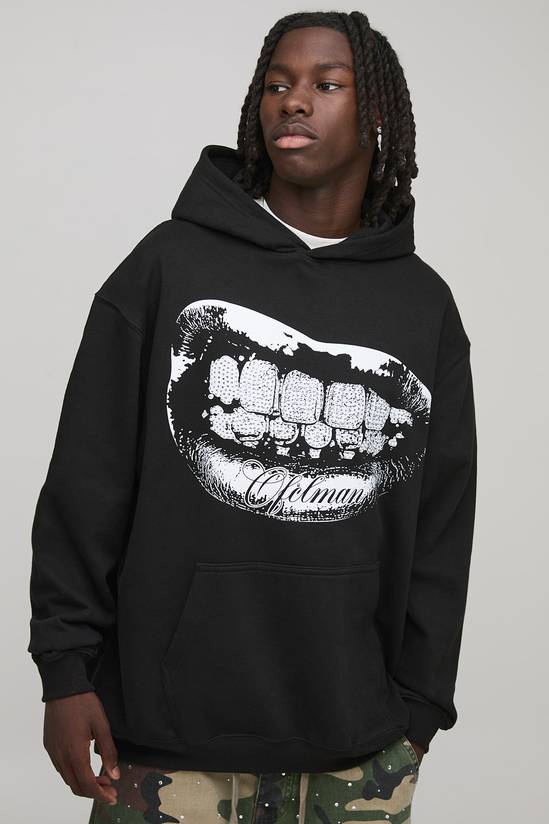 Black Oversized Rhinestone Mouth Foil Print Graphic Hoodie