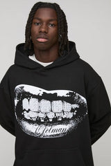 Black Oversized Rhinestone Mouth Foil Print Graphic Hoodie