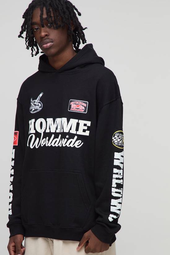 Black Oversized Puff Print Moto Badge Printed Hoodie