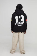 Black Oversized Puff Print Moto Badge Printed Hoodie
