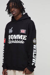 Black Oversized Puff Print Moto Badge Printed Hoodie