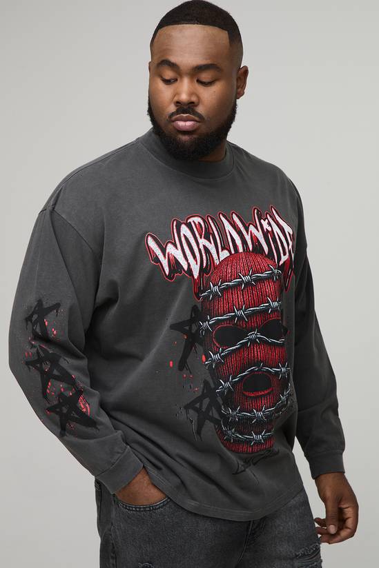 Plus Oversized Extended Neck Ski Mask Long-sleeved Print T-Shirt