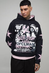 Tall Boxy Gothic Ofcl Man Star Printed Washed Hoodie