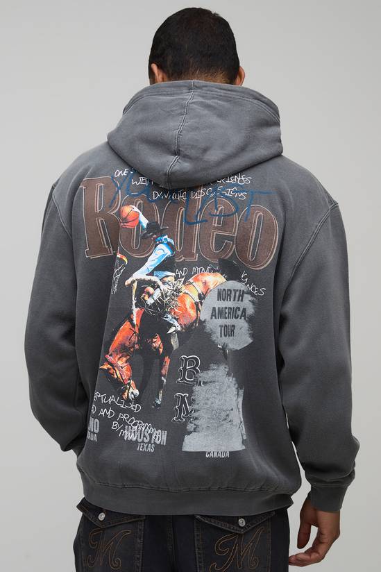 Washed Charcoal Oversized Western Graphic Hoodie