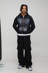 Black Shrunken Fit Premium Man Gothic Spray Wash Printed Zip Through Hoodie
