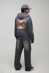 Charcoal Shrunken Fit Premium Man Ofcl Skull Acid Wash Zip Through Hoodie