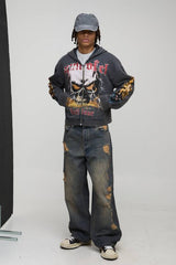 Charcoal Shrunken Fit Premium Man Ofcl Skull Acid Wash Zip Through Hoodie