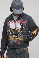 Charcoal Shrunken Fit Premium Man Ofcl Skull Acid Wash Zip Through Hoodie
