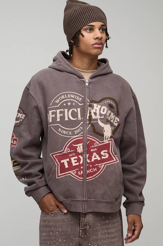 Washed Chocolate Oversized Zip Through Texas Ranch Printed Badge Hoodie