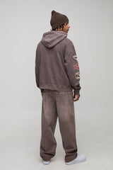 Washed Chocolate Oversized Zip Through Texas Ranch Printed Badge Hoodie