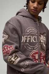 Washed Chocolate Oversized Zip Through Texas Ranch Printed Badge Hoodie