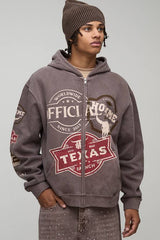 Washed Chocolate Oversized Zip Through Texas Ranch Printed Badge Hoodie