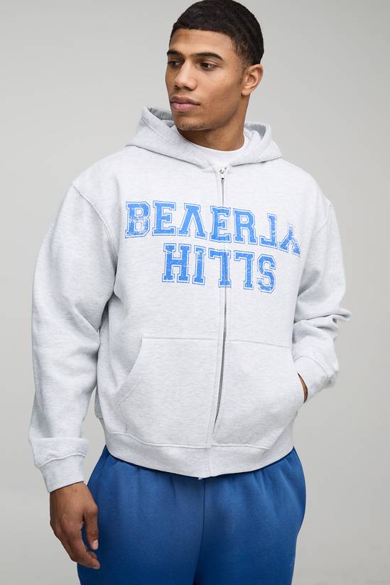 Oversized Boxy Zip Through Beverly Hills Vintage Print Hoodie