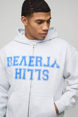 Oversized Boxy Zip Through Beverly Hills Vintage Print Hoodie