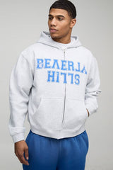 Oversized Boxy Zip Through Beverly Hills Vintage Print Hoodie