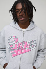 Oversized Boxy Zip Through Bronx Printed Hoodie