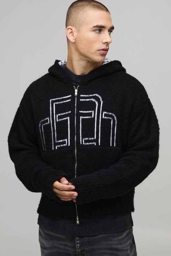 Boxy Fit Fluffy Branded Zip Thru Knitted Hoodie
