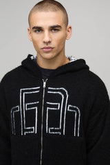 Boxy Fit Fluffy Branded Zip Thru Knitted Hoodie